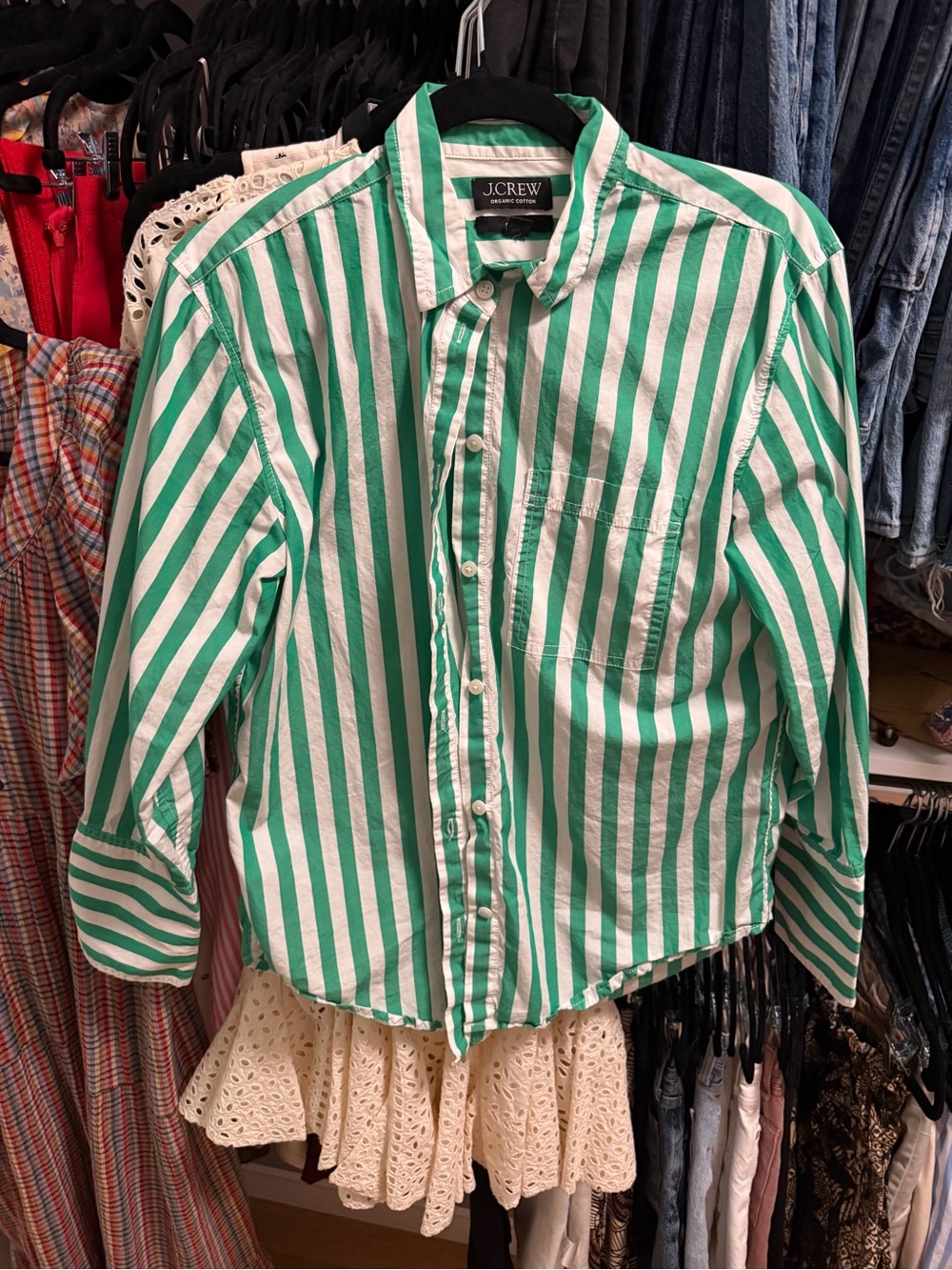 J. Crew Garçon Organic Cotton Green & White Vertical Stripe Button-Down Shirt